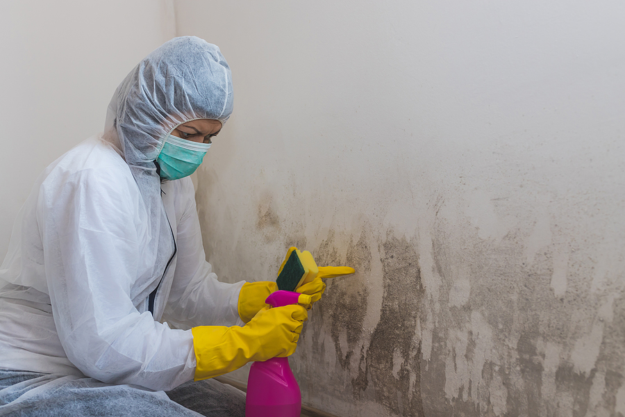 girl wearing protective suit is cleaning the dirty wall